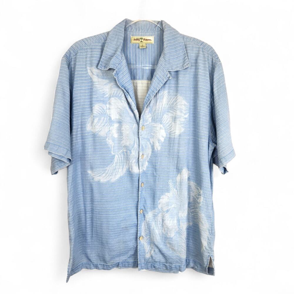 Vtg Mens Tommy Bahama Baby Blue Silk Shirt SMALL Hawaiian Casual Coastal Resort